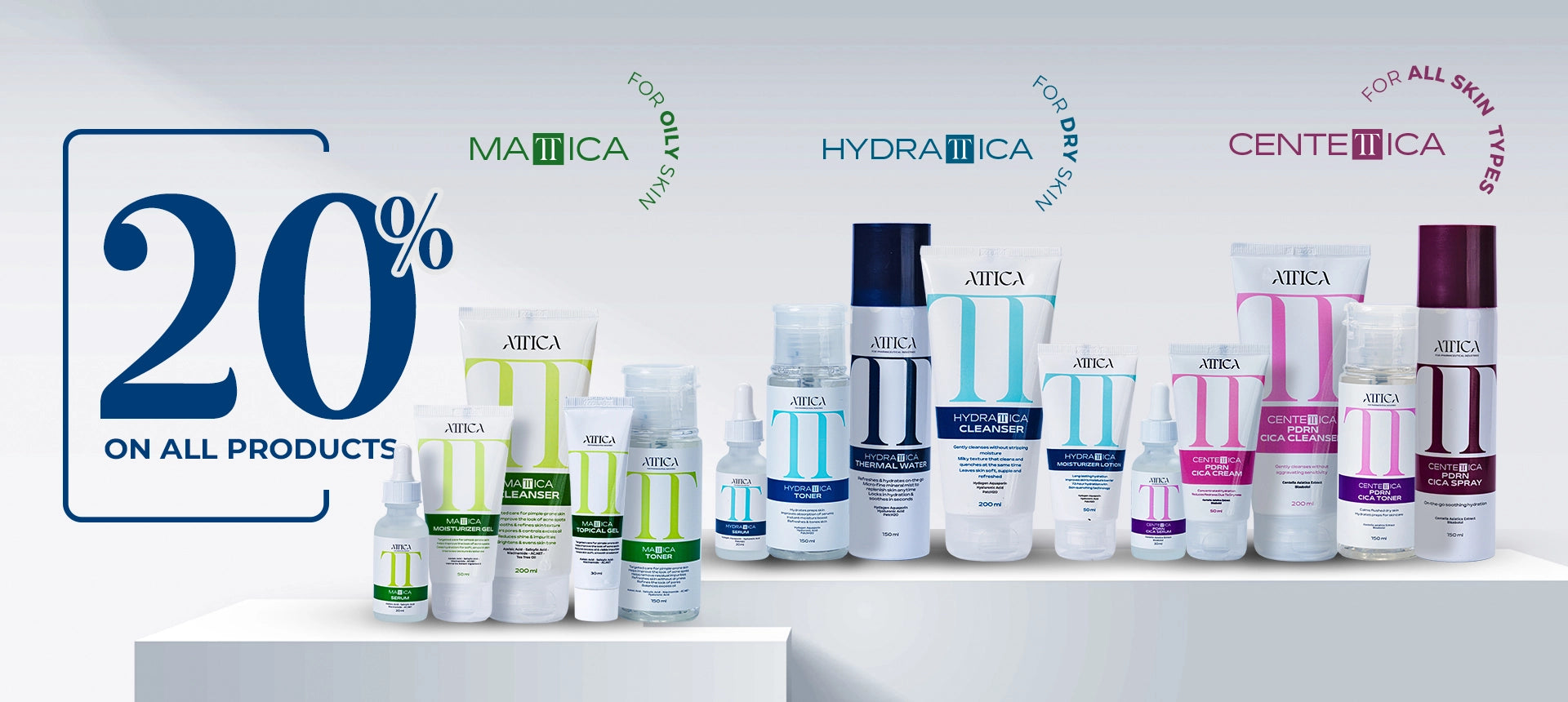 Row of skincare products with promotional text on a light gray background